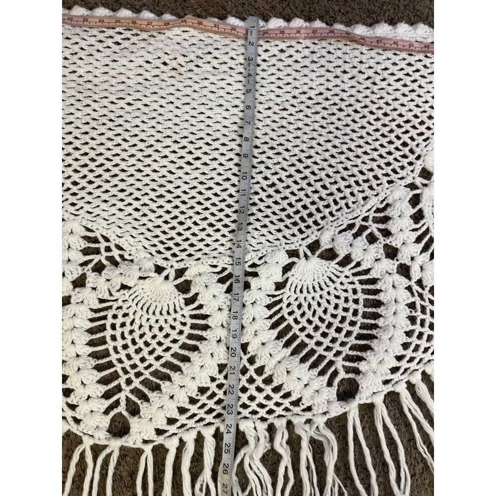 Vintage Pineapple Crochet Shawl Fringe Wrap Ivory Boho Festival One Size - Picture 7 of 16